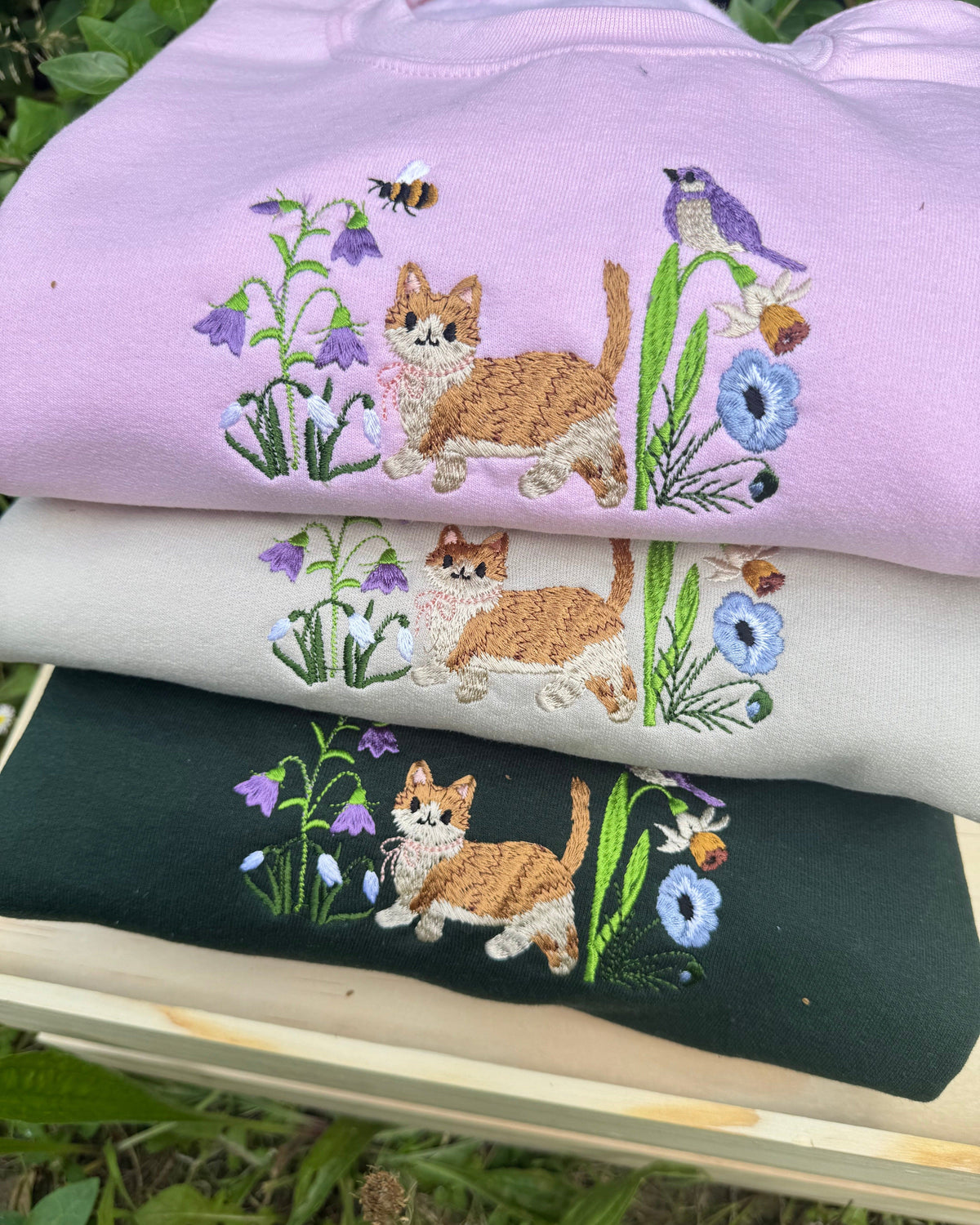 Cute Cat in Wildflower Garden Embroidered Sweatshirt