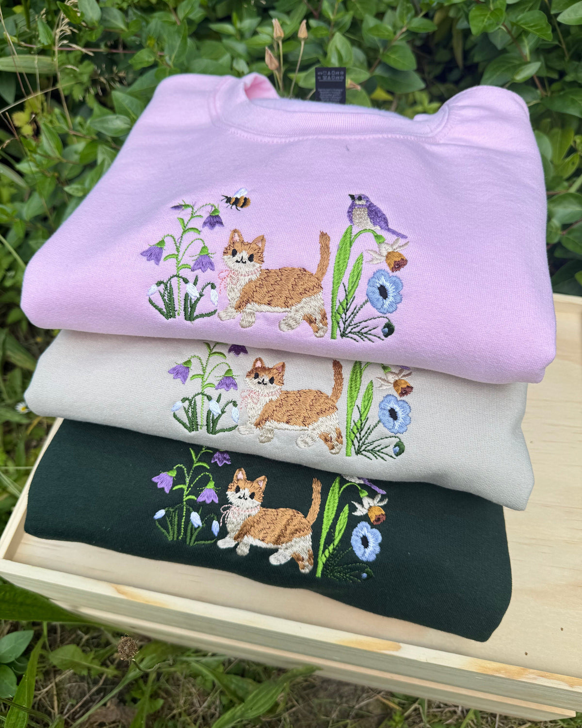 Cute Cat in Wildflower Garden Embroidered Sweatshirt
