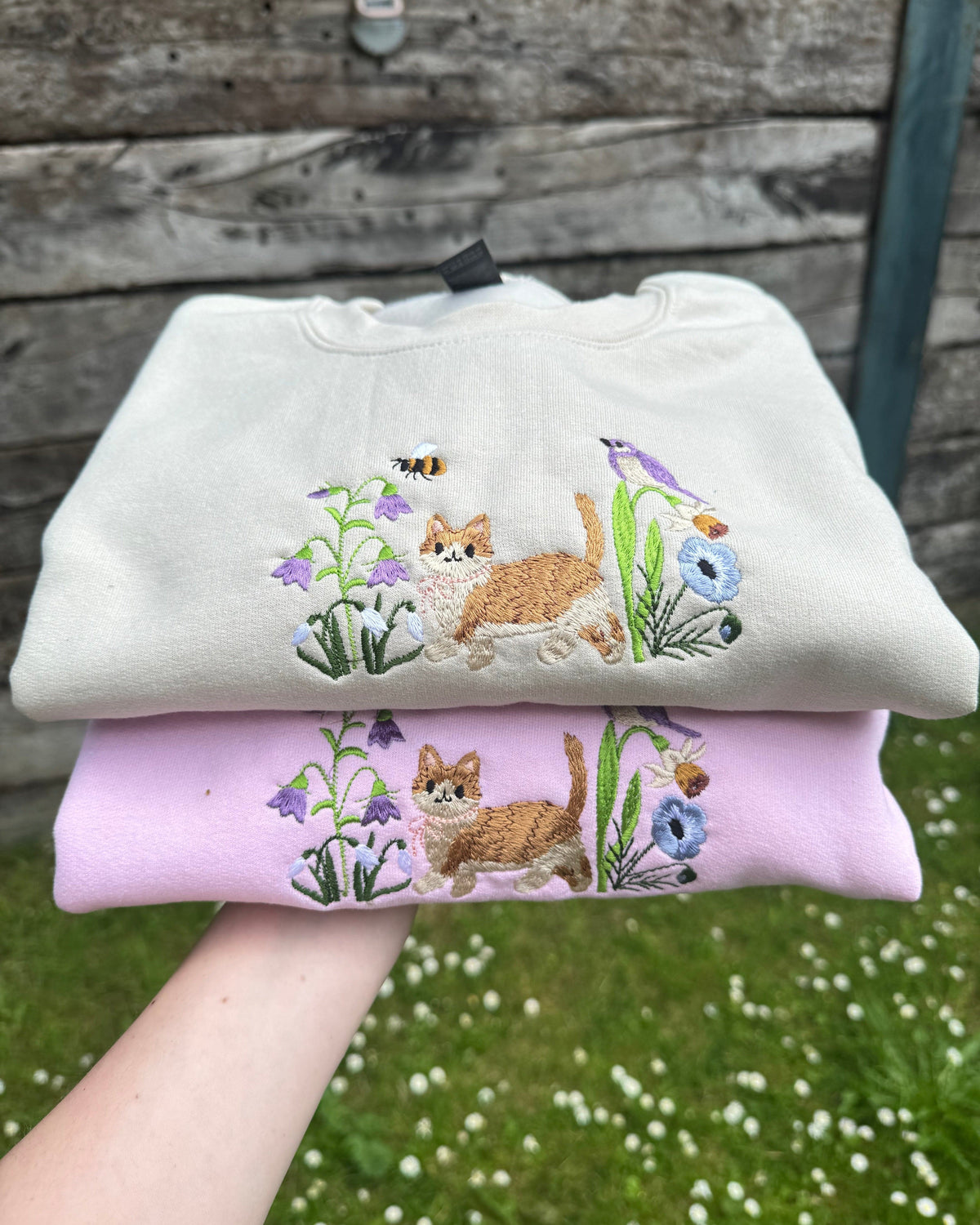 Cute Cat in Wildflower Garden Embroidered Sweatshirt
