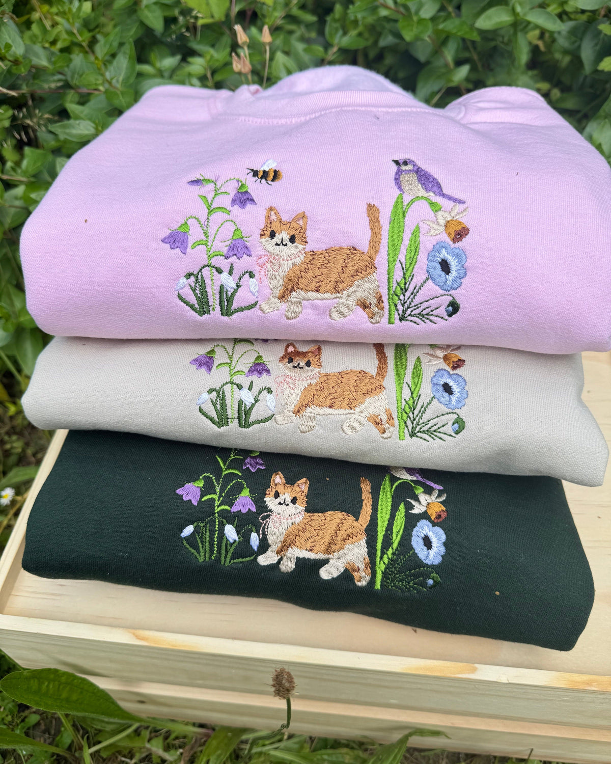 Cute Cat in Wildflower Garden Embroidered Sweatshirt