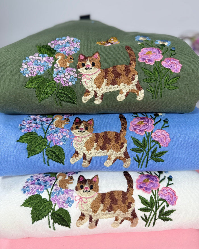 Cottagecore Cat in Wildflowers Embroidered Sweatshirt