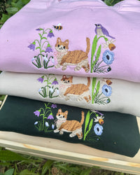 Cute Cat in Wildflower Garden Embroidered Sweatshirt