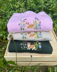 Cute Cat in Wildflower Garden Embroidered Sweatshirt
