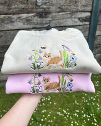 Cute Cat in Wildflower Garden Embroidered Sweatshirt