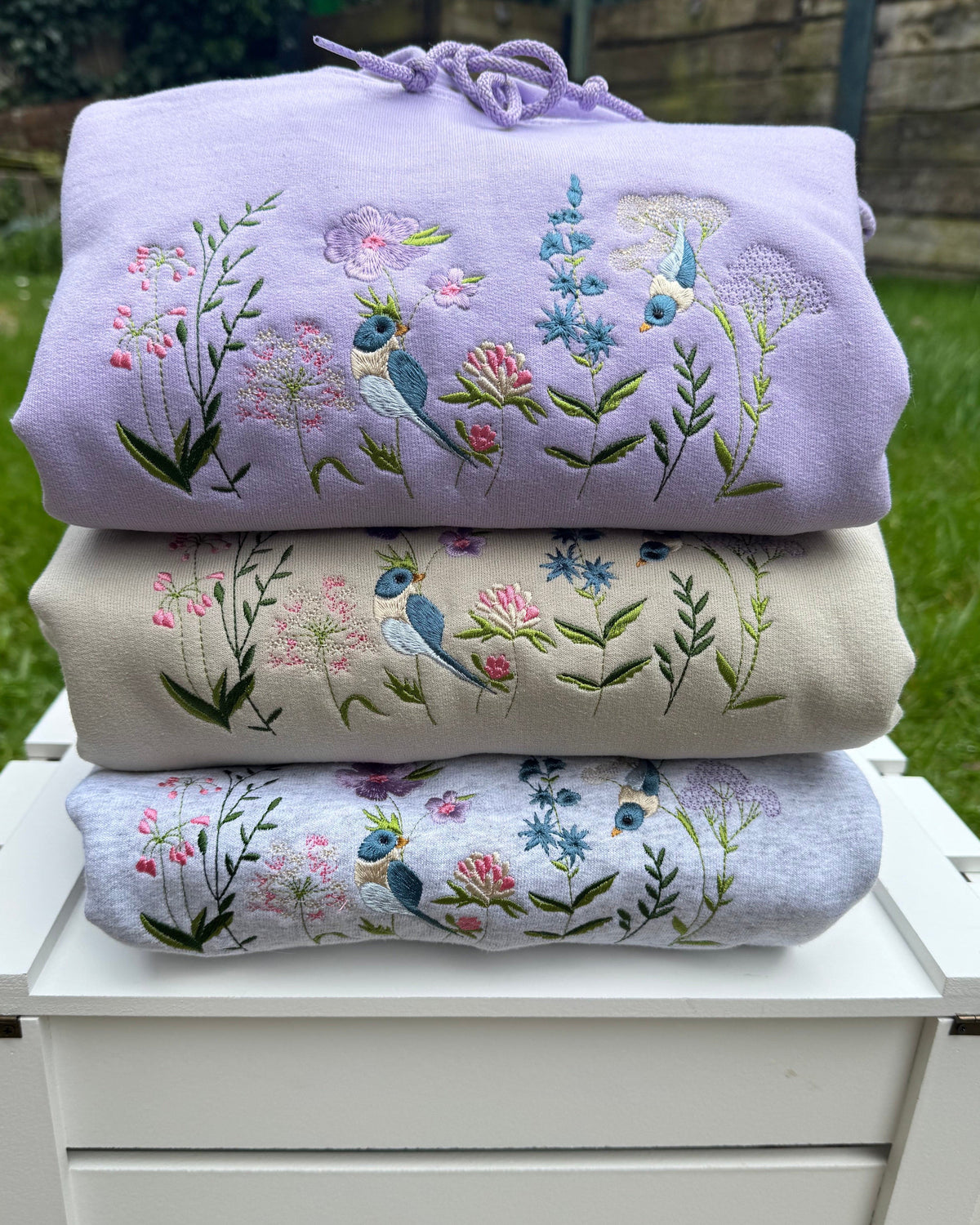 Garden Birds and Wildflowers Embroidered Hoodie
