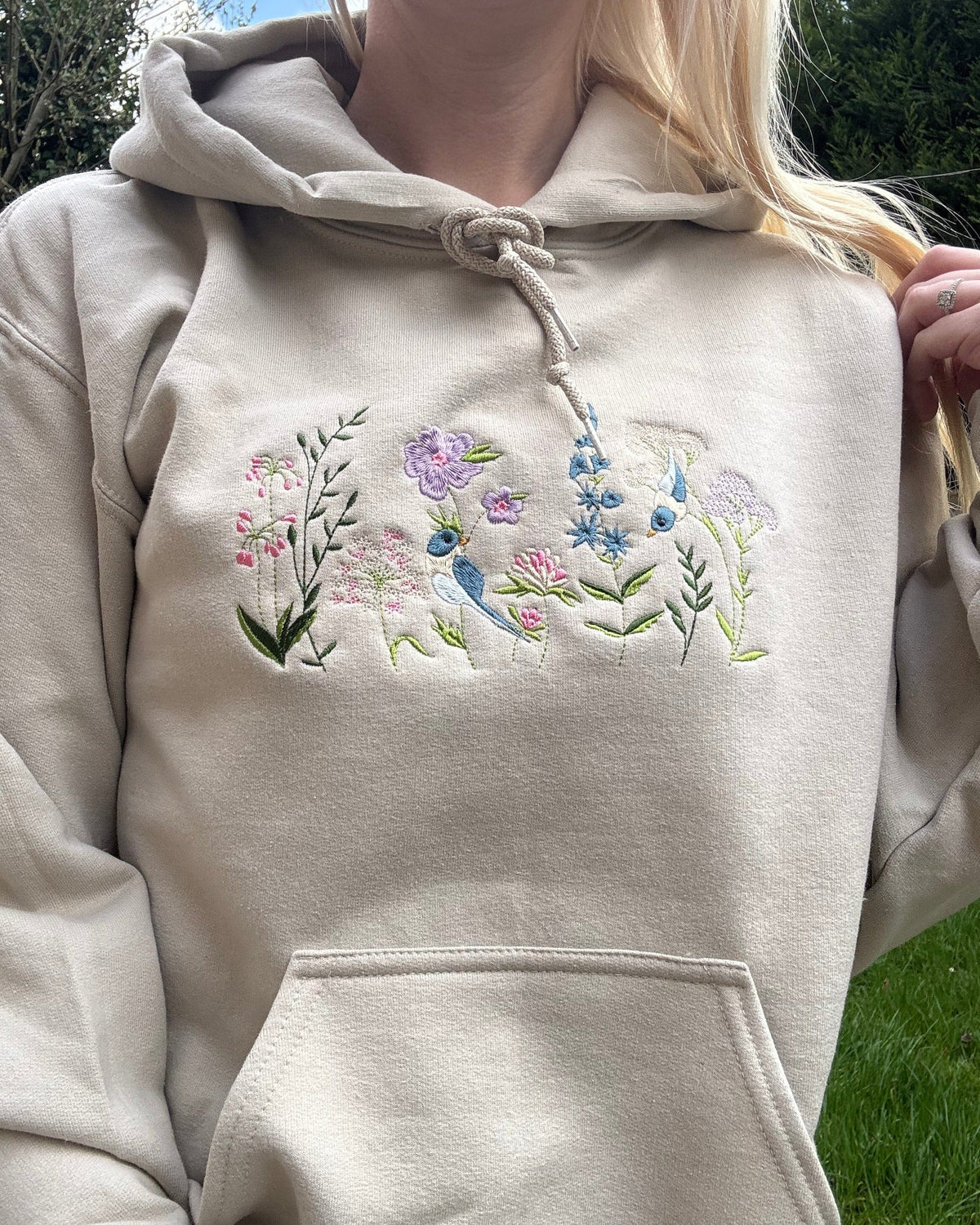 Garden Birds and Wildflowers Embroidered Hoodie