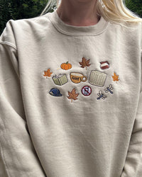 autumn sweatshirt, fall embroidered sweatshirt, cosy sweatshirt, pumpkin sweatshirt, book lover sweatshirt, coffee lover sweatshirt, autumn aesthetic clothing, embroidered crewneck, cosy fall outfit, pumpkin spice sweatshirt, autumn leaves sweatshirt, cottagecore sweatshirt, cosy reading sweatshirt, teacher autumn sweatshirt, fall fashion, booktok sweatshirt, embroidered fall crewneck, autumn gift for her, cosy season clothing, Halloween autumn sweatshirt